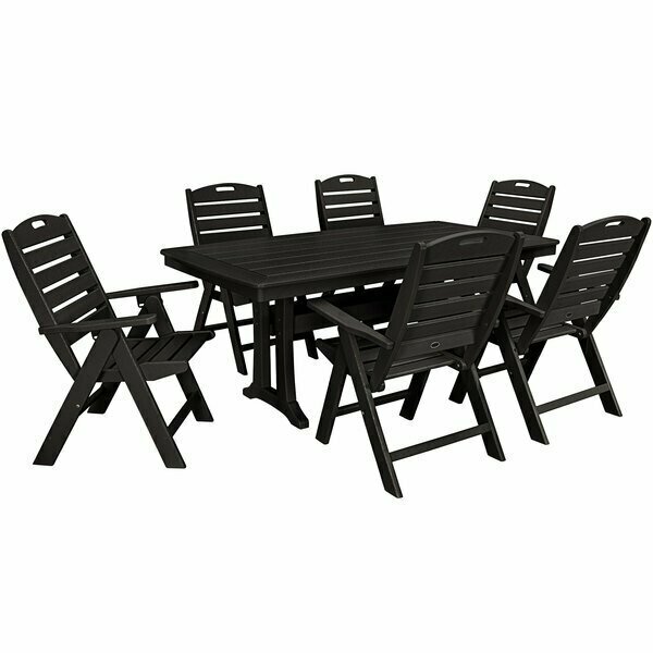 Polywood Nautical 7-Piece Black Dining Set with 6 Folding Chairs and Nautical Trestle Table 633PWS2961BL